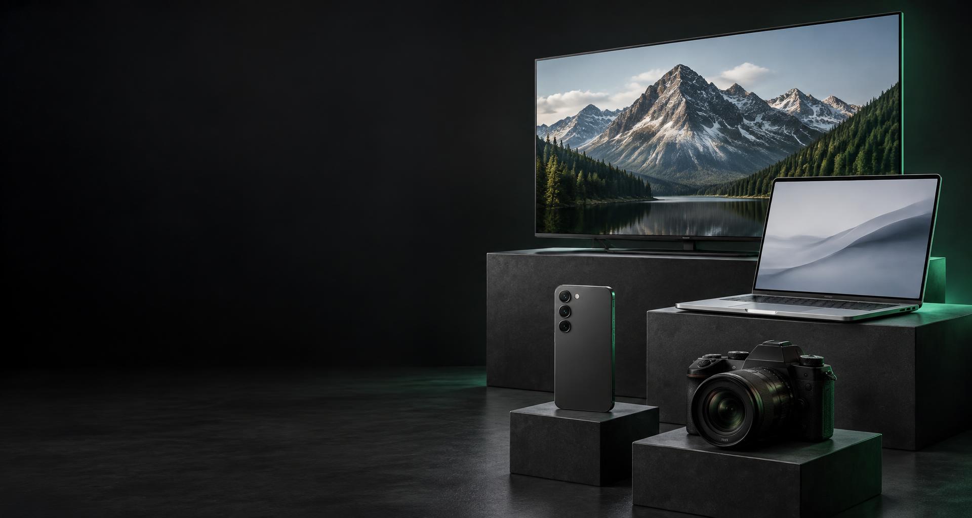 Selección de electrónica: teléfono, portátil, televisor y cámara